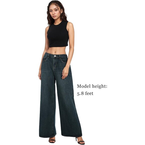 Women's Wide Leg Baggy Jeans High Waist Vintage 90s Y2K Casual - Picture 7 of 8